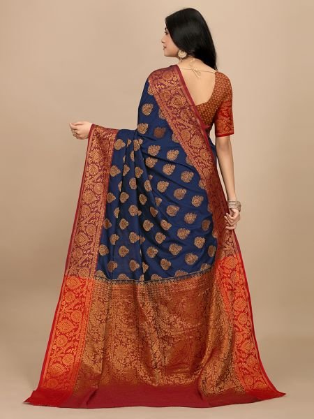 Navy Blue Pure Silk Fabric Jacquard Copper Zari Authentic Kanjivaram Elegance Banarasi Sarees