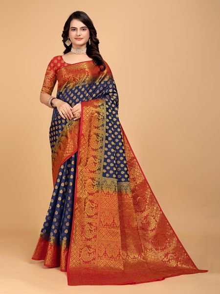 Navy Blue   Red Woven Banarasi Nylon Pure Silk Saree Sale