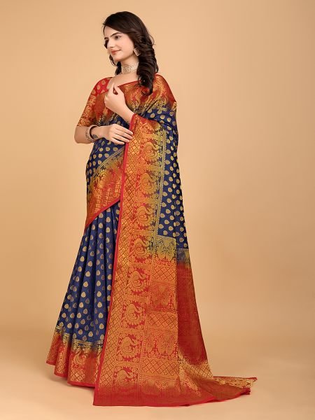 Navy Blue   Red Woven Banarasi Nylon Pure Silk Saree Banarasi Sarees