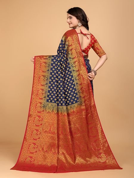 Navy Blue   Red Woven Banarasi Nylon Pure Silk Saree Banarasi Sarees