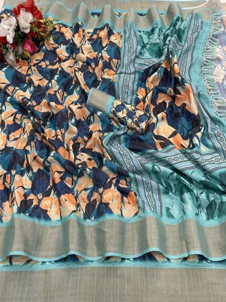 Navy Sky Cotton Silk Handloom Printed Saree with Tassel Border Pallu Sale