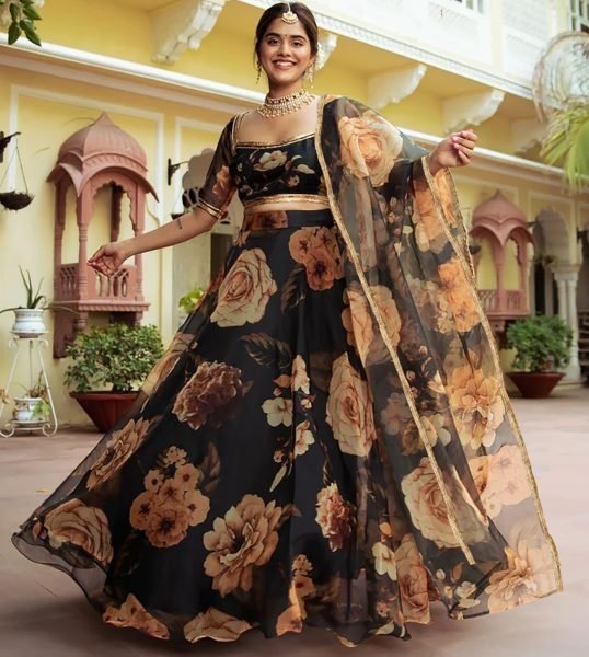 Net Fabric Floral Printed Semi Stitched Black Lehenga Choli 