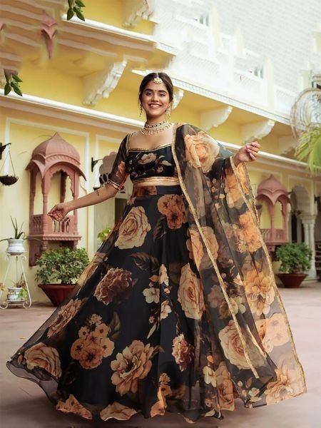 Net Fabric Floral Printed Semi Stitched Black Lehenga Choli Lehenga