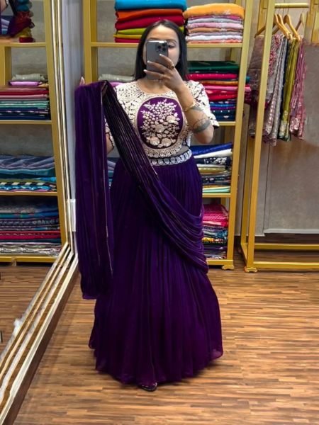 New Designer Purple Lehenga Saree With Stitch Embroidery Blouse Saree