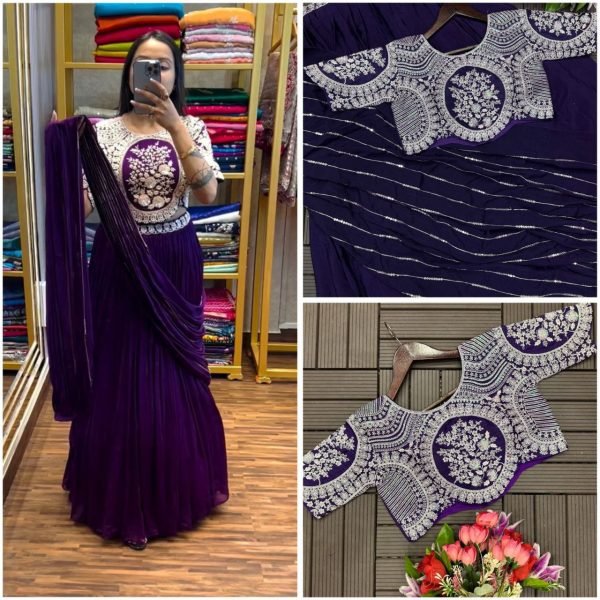 New Designer Purple Lehenga Saree With Stitch Embroidery Blouse Designer Sarees