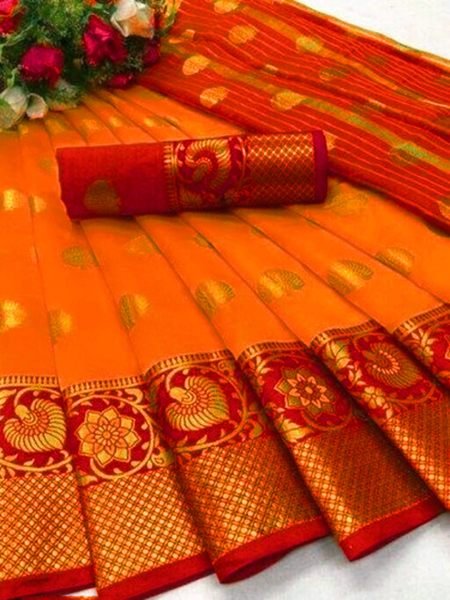 Orange Cotton Silk Banarasi Saree with Zari Woven Jacquard for Festive Wear Sale