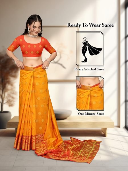 Orange Ready To Wear Cotton Silk Woven Zari Jacquard Banarasi Traditional Saree Sale