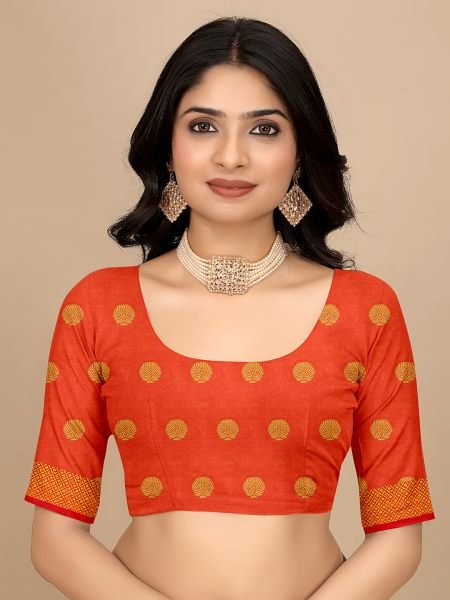 Orange Ready To Wear Cotton Silk Woven Zari Jacquard Banarasi Traditional Saree Banarasi Sarees