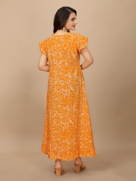 Orange Floral Elegance High Low Ruffle Hemline Crape Dress with Butterfly Sleeves Dresses