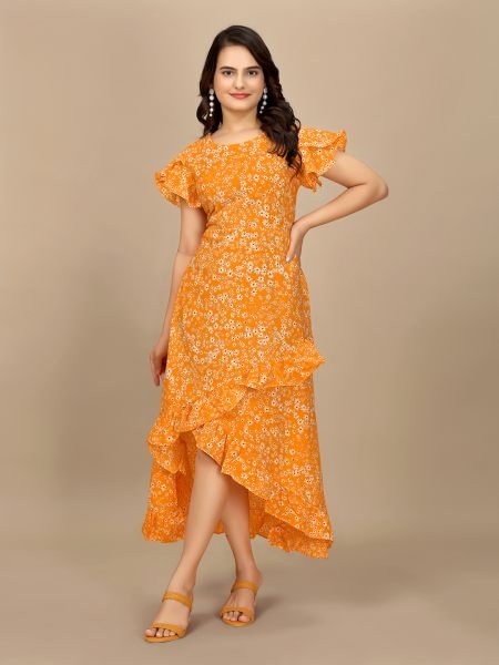 Orange Floral Elegance High Low Ruffle Hemline Crape Dress with Butterfly Sleeves Dresses