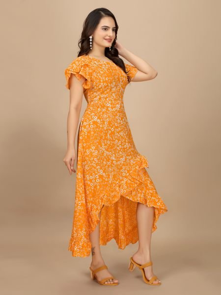 Orange Floral Elegance High Low Ruffle Hemline Crape Dress with Butterfly Sleeves Dresses