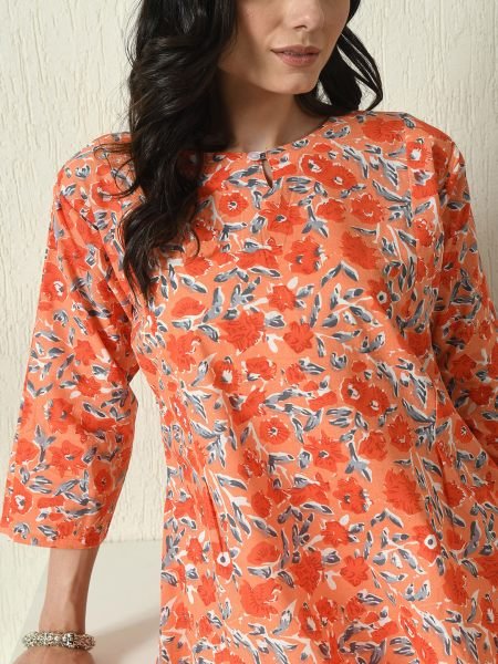 Orange Floral Printed Cotton Blend Top with Keyhole Neck Kurtis & Tunics
