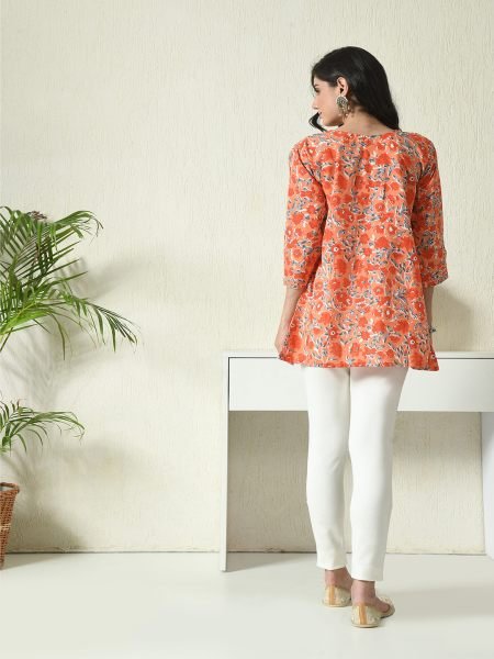 Orange Floral Printed Cotton Blend Top with Keyhole Neck Kurtis & Tunics