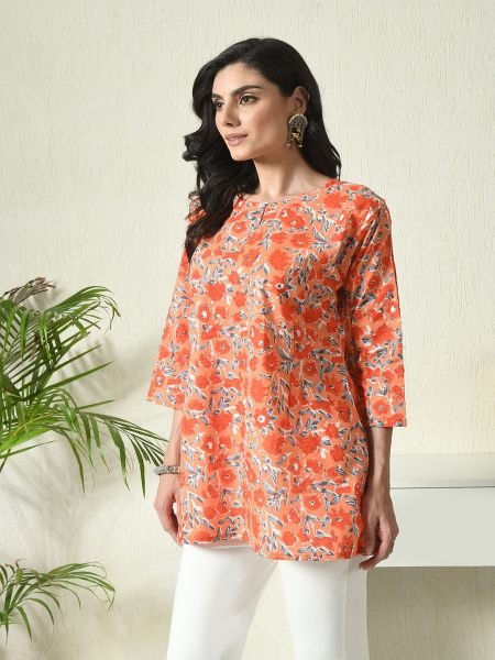 Orange Floral Printed Cotton Blend Top with Keyhole Neck Kurtis & Tunics