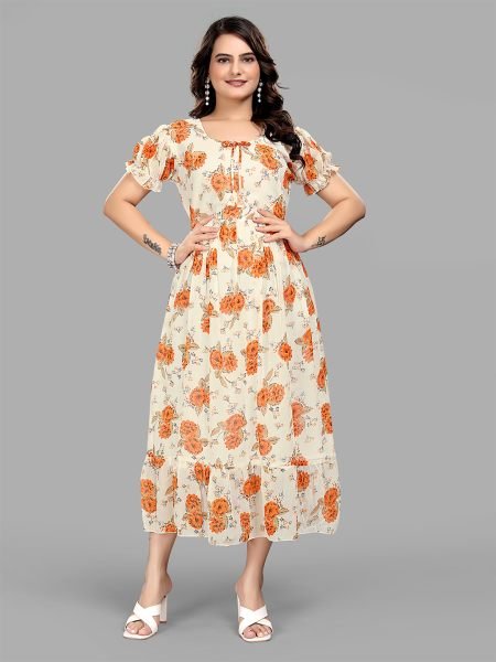 Orange Georgette Floral Print Puff Sleeve Maxi Dress for Stunning Party Looks Western Wear