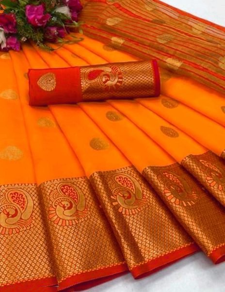 Orange   Red Cotton Silk Jacquard Woven Banarasi Saree with Zari for Festive Occasions Sale