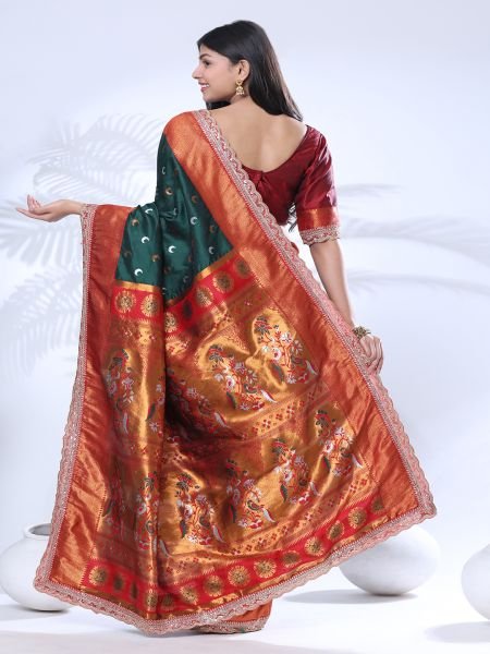 Paithani Pure Silk Embroidery Lace Border Green Saree Banarasi Sarees