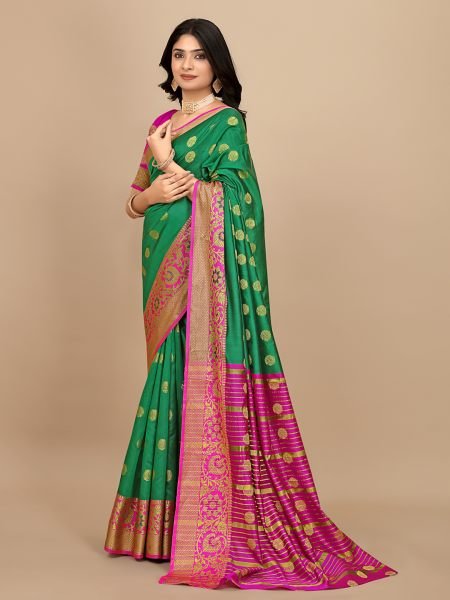 Parrot Green Ready To Wear Cotton Silk Woven Zari Jacquard Banarasi Traditional Saree Banarasi Sarees