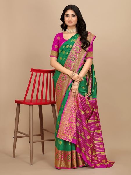 Parrot Green Ready To Wear Cotton Silk Woven Zari Jacquard Banarasi Traditional Saree Banarasi Sarees