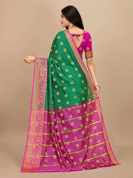 Parrot Green Ready To Wear Cotton Silk Woven Zari Jacquard Banarasi Traditional Saree Banarasi Sarees