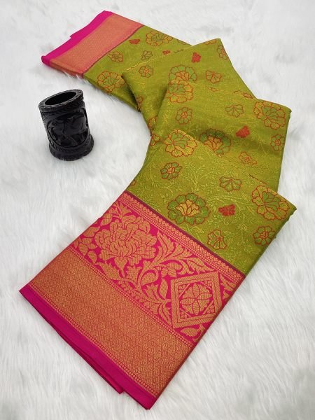 Parrot Green Pure Silk Dharmavaram Pattu Saree with Elegant Jacquard Zari Weaving Sale