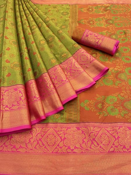 Parrot Green Pure Silk Dharmavaram Pattu Saree with Exquisite Jacquard Zari Weaving Sale