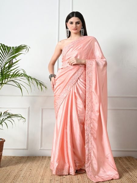 Peach Chic Party Wear A Modern Chinon Solid Saree with an Embroidered Lace Border Designer Sarees