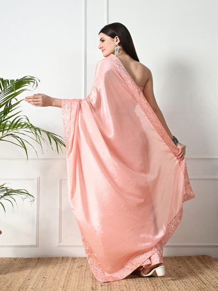 Peach Chic Party Wear A Modern Chinon Solid Saree with an Embroidered Lace Border Designer Sarees