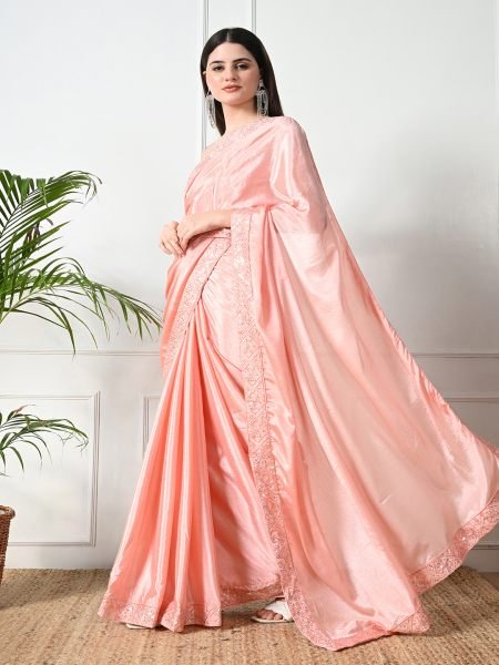 Peach Chic Party Wear A Modern Chinon Solid Saree with an Embroidered Lace Border Designer Sarees