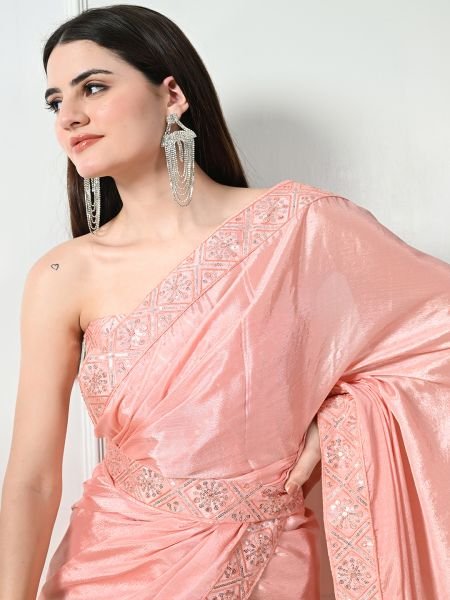 Peach Chic Party Wear A Modern Chinon Solid Saree with an Embroidered Lace Border Designer Sarees