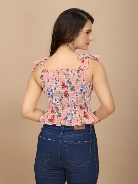 Peach Floral Print Georgette Sleeveless Crop Top with Elastic Closure Tops & Tshirts