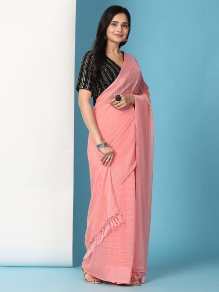 Peach Ready To Wear Chiffon Saree With Stitched Blouse Ready To Wear Sarees