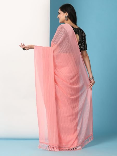 Peach Ready To Wear Chiffon Saree With Stitched Blouse Ready To Wear Sarees