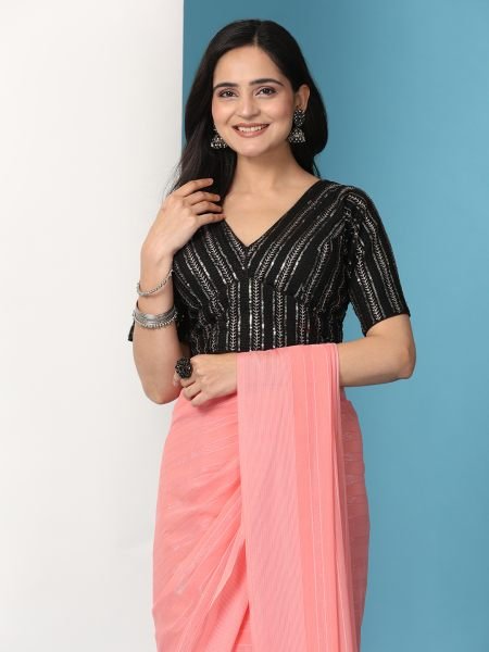 Peach Ready To Wear Chiffon Saree With Stitched Blouse Ready To Wear Sarees