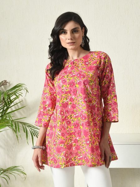 Pink Floral Printed Cotton Blend Top with Keyhole Neck Sale