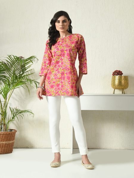 Pink Floral Printed Cotton Blend Top with Keyhole Neck Kurtis & Tunics
