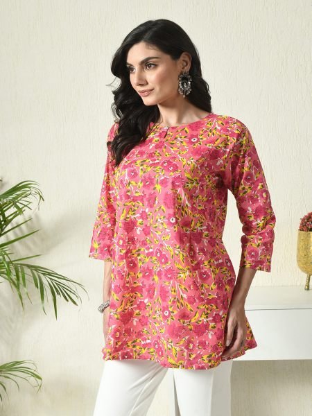 Pink Floral Printed Cotton Blend Top with Keyhole Neck Kurtis & Tunics