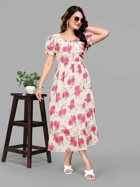 Pink Georgette Floral Print Puff Sleeve Maxi Dress for Stunning Party Looks Western Wear