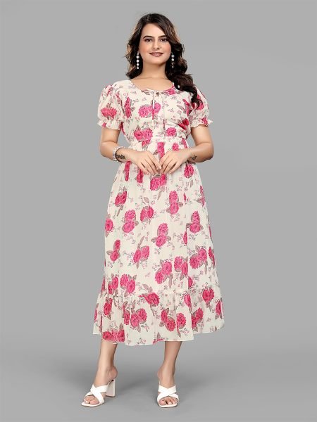 Pink Georgette Floral Print Puff Sleeve Maxi Dress for Stunning Party Looks Dresses