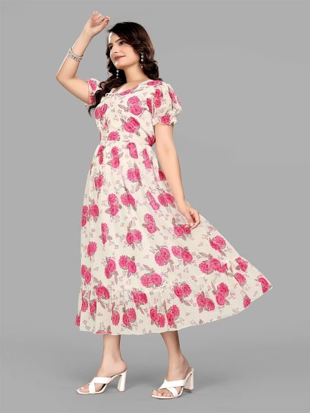 Pink Georgette Floral Print Puff Sleeve Maxi Dress for Stunning Party Looks Dresses