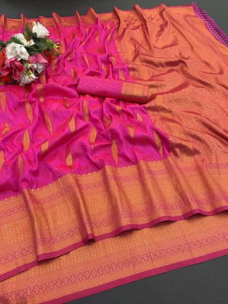 Pink Pure Silk Banarasi Saree with Gold Zari Jacquard Weaving Sale