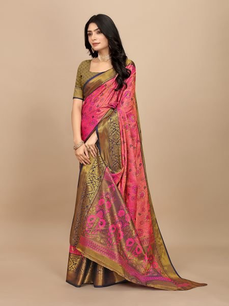 Pink Pure Silk Fabric Woven Jacquard     Dharmavaram Pattu Tradition Designer Sarees
