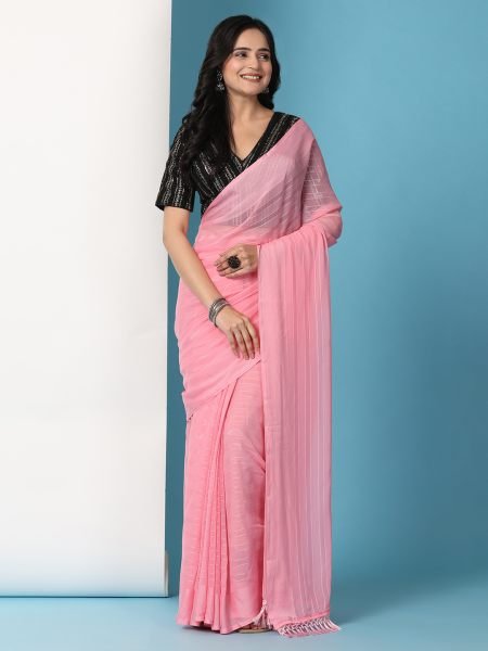 Pink Ready To Wear Chiffon Saree With Stitched Blouse Ready To Wear Sarees