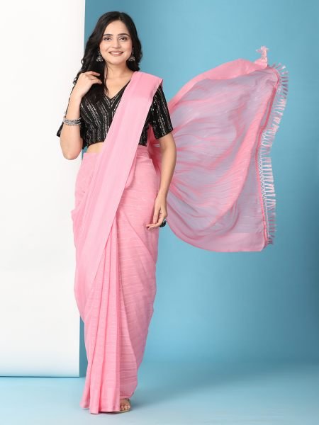 Pink Ready To Wear Chiffon Saree With Stitched Blouse Ready To Wear Sarees