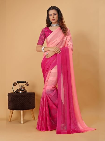 Pink Red Plain Satin Striped Georgette Saree Sale