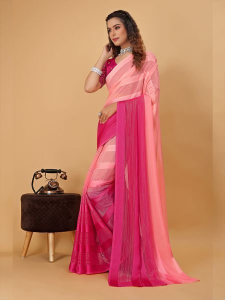 Pink Red Plain Satin Striped Georgette Saree Designer Sarees