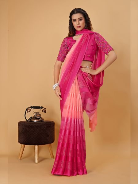 Pink Red Plain Satin Striped Georgette Saree Designer Sarees