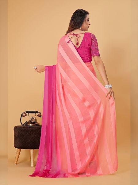 Pink Red Plain Satin Striped Georgette Saree Designer Sarees