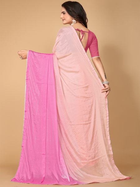 Pink Solid Plain Lace Border Fix Diamond Work Designer Saree Designer Sarees