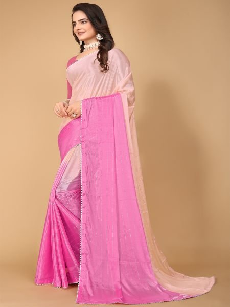 Pink Solid Plain Lace Border Fix Diamond Work Designer Saree Designer Sarees